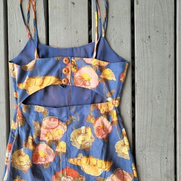 Anthro Maeve Peony Slip Dress Silk Blend Floral Strappy Open Back Blue Size 10 - Picture 8 of 13